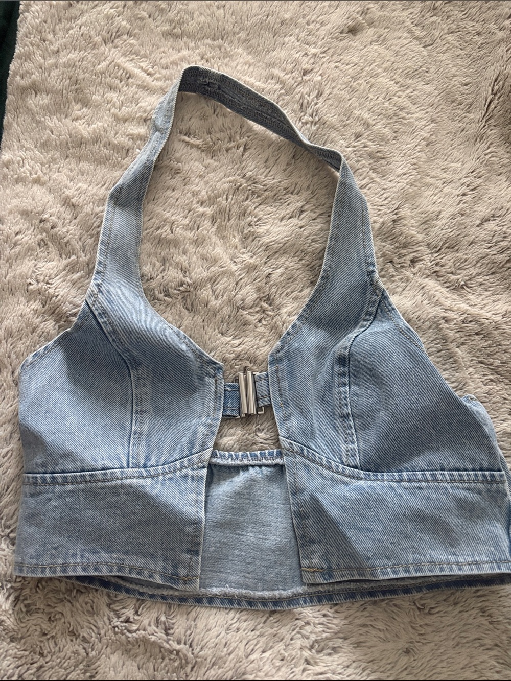 SHEIN Light Blue Denim Halter Crop Top with Front Buckle